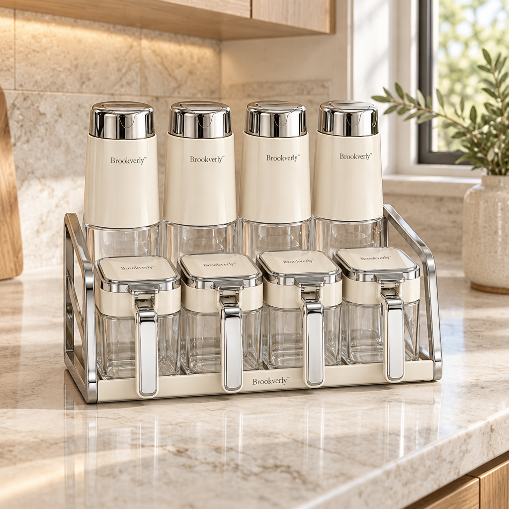 Brookverly™ Ivory & Chrome Spice Jar Set (8-Piece) — Lifestyle Image
