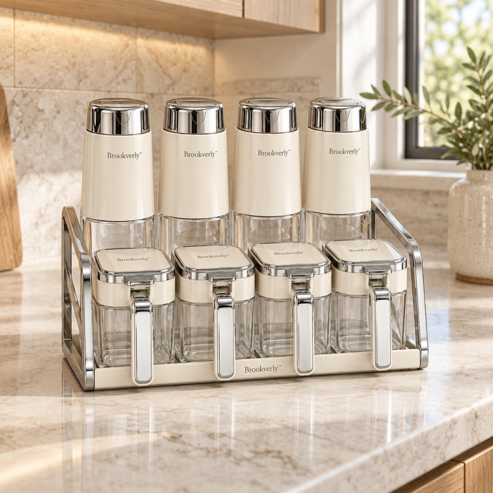 Brookverly™ Ivory & Chrome Spice Jar Set (8-Piece)