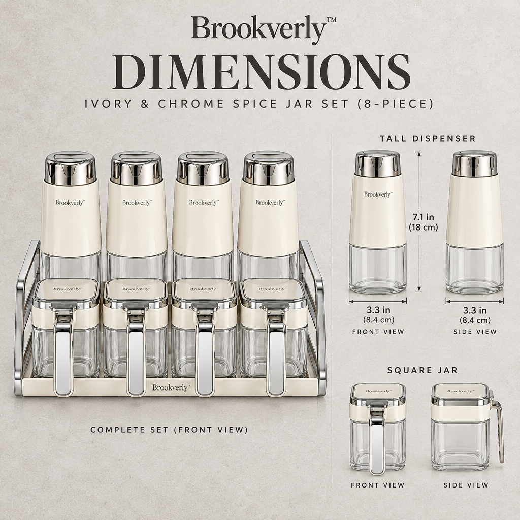 Brookverly™ Ivory & Chrome Spice Jar Set (8-Piece) — Product Dimensions
