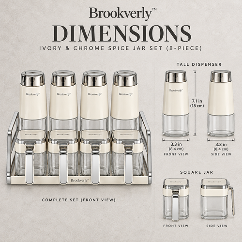 Brookverly™ Ivory & Chrome Spice Jar Set (8-Piece) — Product Dimensions