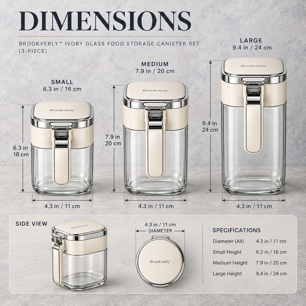 Brookverly™ Ivory Glass Food Storage Canister Set (3-Piece) — Product Dimensions