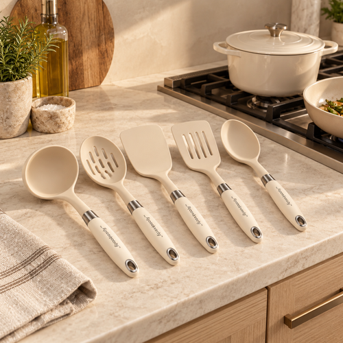 Brookverly™ Cream Silicone Cooking Utensil Set (5-Piece) — Lifestyle Image