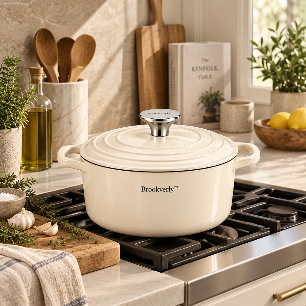 Brookverly™ Ivory Enameled Cast Iron Dutch Oven — Lifestyle Image