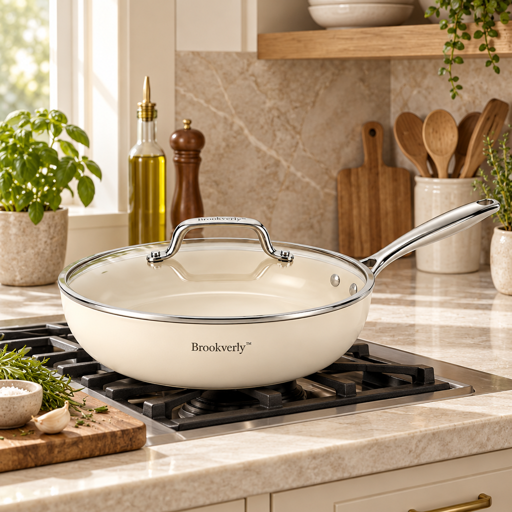 Brookverly™ Ivory Ceramic Nonstick Deep Sauté Pan — Lifestyle Image
