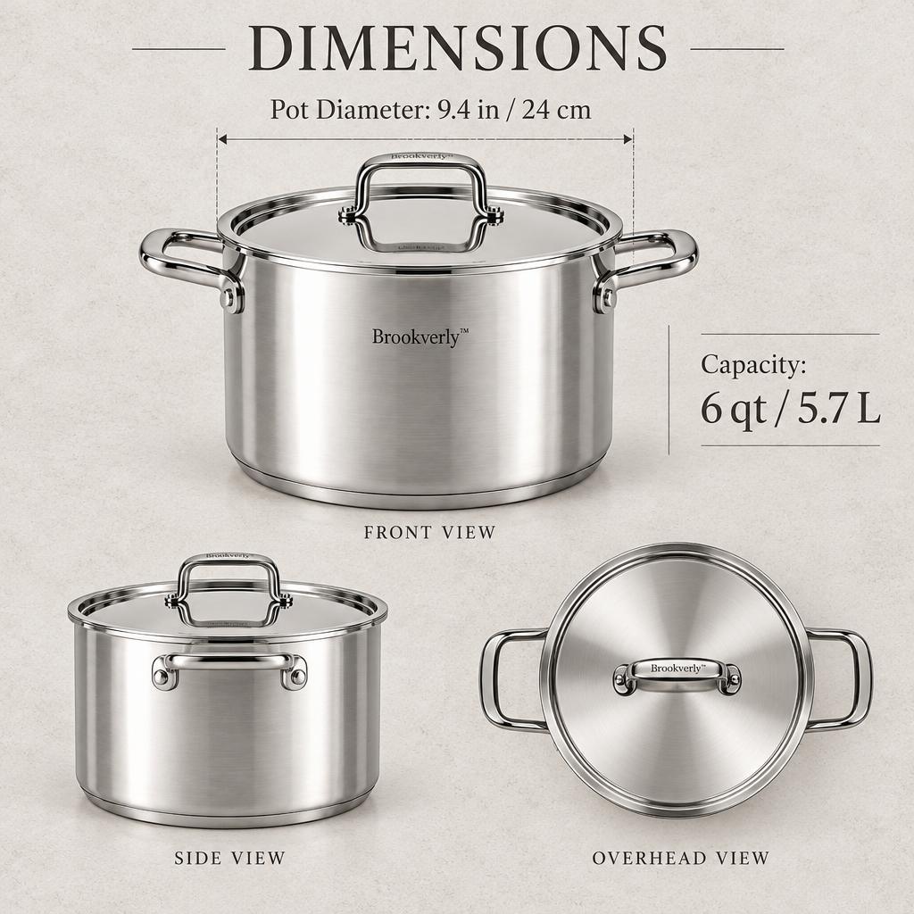 Brookverly™ Premium Stainless Steel Stockpot with Lid — Product Dimensions